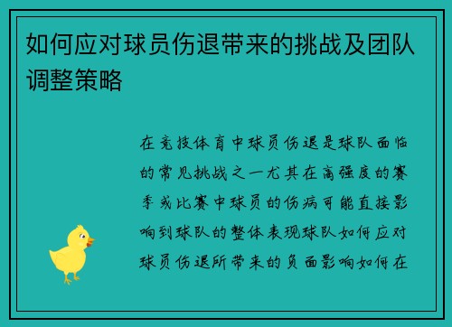 如何应对球员伤退带来的挑战及团队调整策略