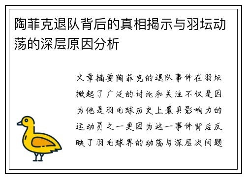 陶菲克退队背后的真相揭示与羽坛动荡的深层原因分析